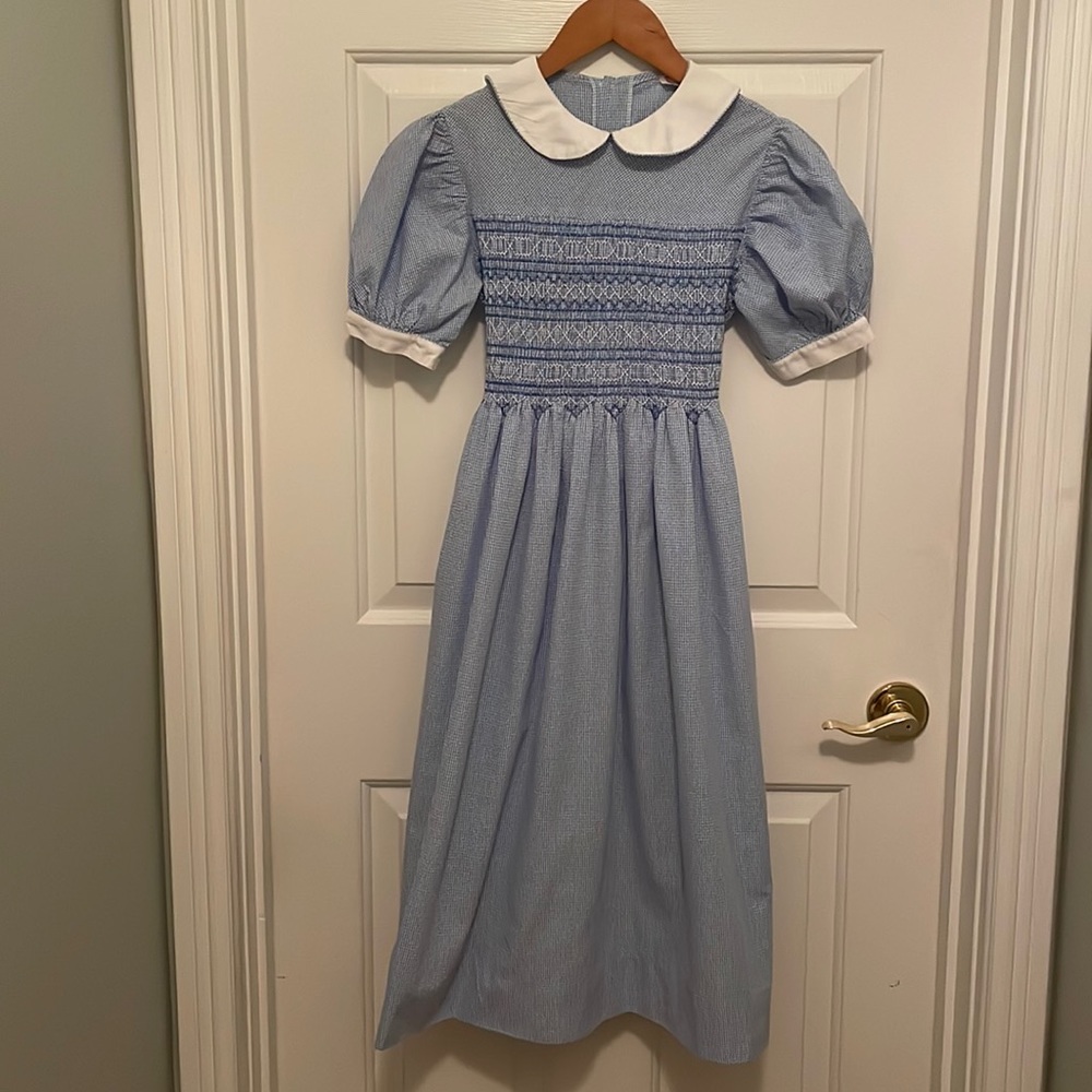 Beautiful light blue and white tiny checked smocked dress.
